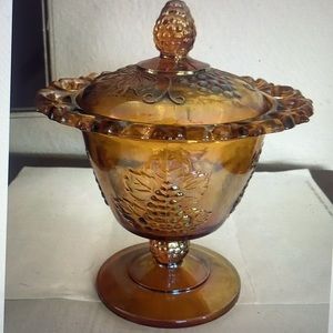 Vintage Indiana lace open edge glass compote dish w/lid “golden harvest grape”